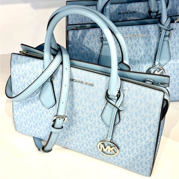 Michael Kors Sheila Medium Signature Logo Satchel Bag Light Sky Blue - Picture 9 of 11